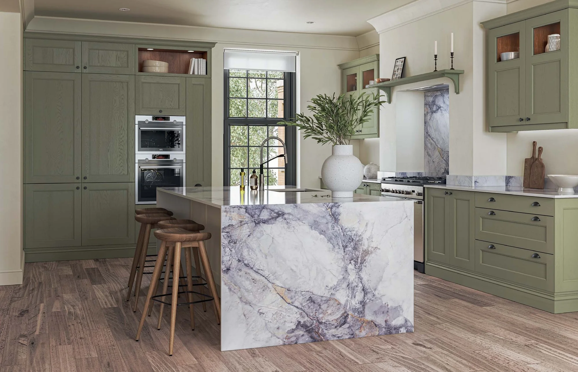 Classic beaded Shaker kitchen in Regiment and Taupe Grey with a statement stone island